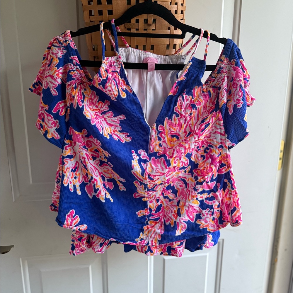 Lilly Pulitzer Blue and Pink Flutter Sleeve Ruffled Blouse